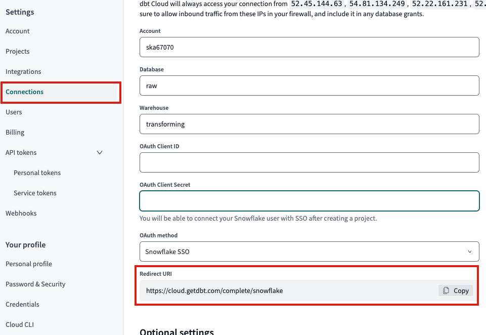 The OAuth method and Redirect URI inputs for a Snowflake connection in dbt Cloud