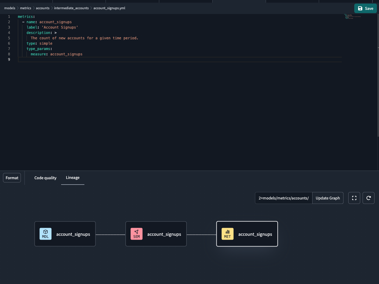 Validate your metrics using the Lineage tab in the IDE.